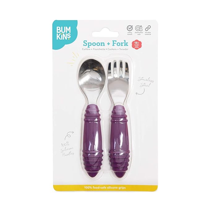 Bumkins Toddler Utensils, Kids Size Fork and Spoon Set, Silicone and Stainless-Steel Training Silverware, Angled Forks / Sporks for Self-Feeding, Children Hold Learning to Eat, 18 Months Up, Purple