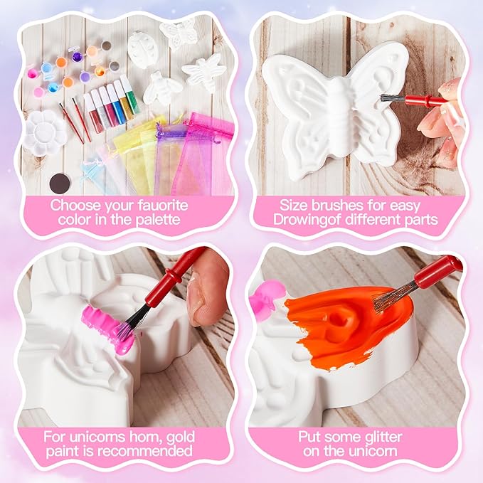 60 Pcs Plaster Painting Party Favors for Kids Birthday Party Supplies Animal Crafts for Kids DIY Painting Statues with Magnet Brushes Palette Organza Bag for Art Party Favor Bags(Insect)