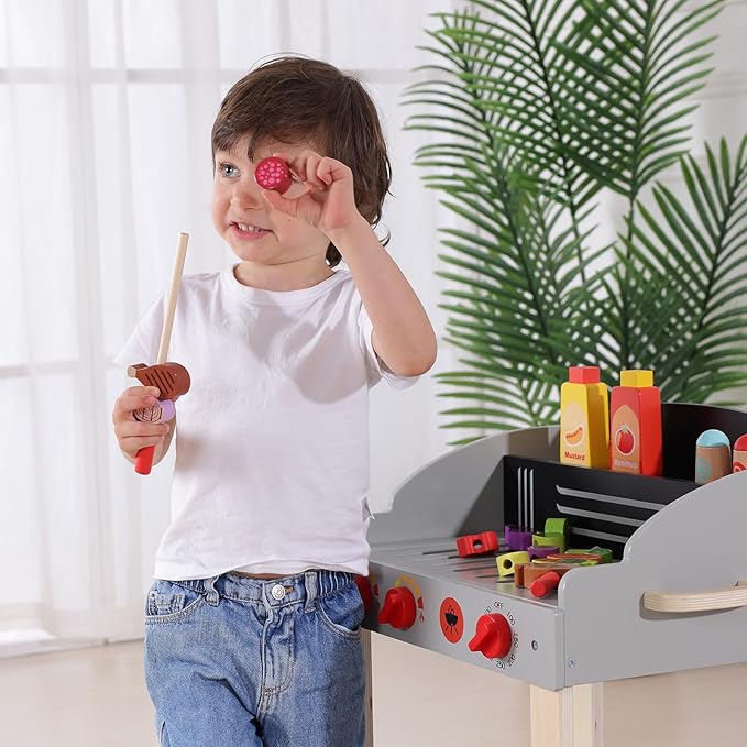 Kids Grill Playset Wooden Barbecue Toy Grill with Play Food Toy and Grilling Tools, Play Kitchen Accessories for Toddlers Age 3+