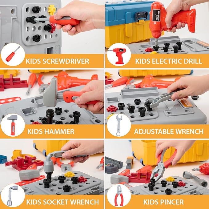 3 in 1 Kids Tool Bench -GEIYATOI, Toddler Workbench with Electric Drill and Realistic Toddler Tool Set for 2 3 4 5 6 Years Old Boys Girls, Construction Toys for Christmas Birthday Party New Year