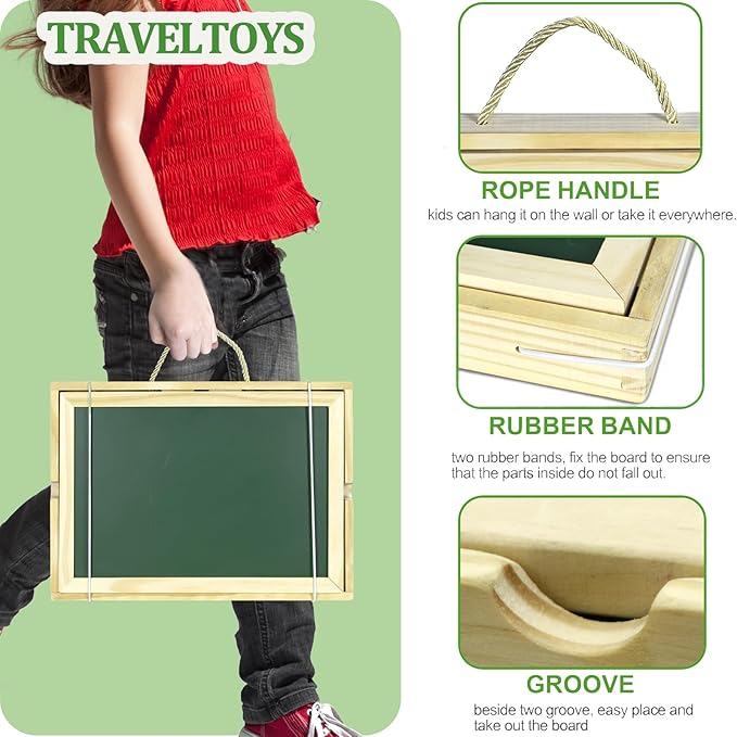 MICKYU Wooden Magnetic Board Puzzle Games, Double Sided Chalk Board Art Easel for Kids, Educational Portable Travel Toy for Kids Ages 3-5