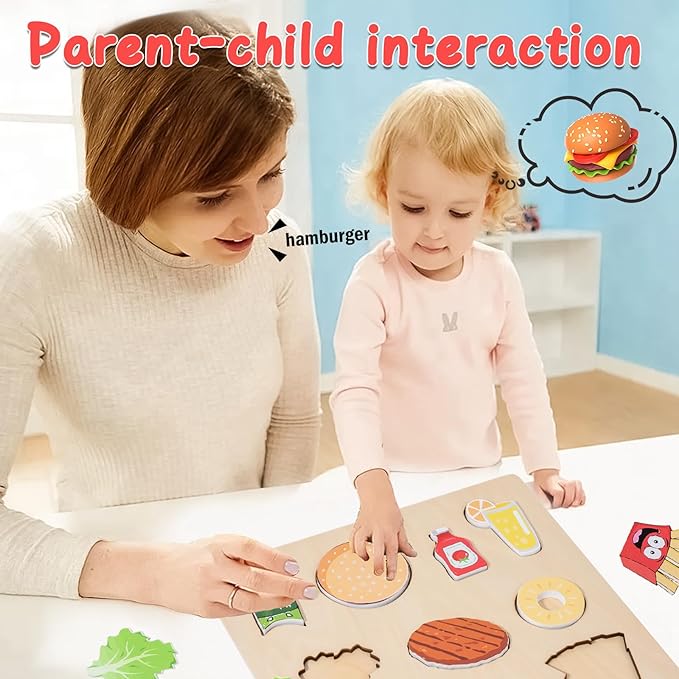 Adena Montessori Wooden Puzzles Play Fake Kitchen Fast Food Toys for Kids 2 3 4 Years Old