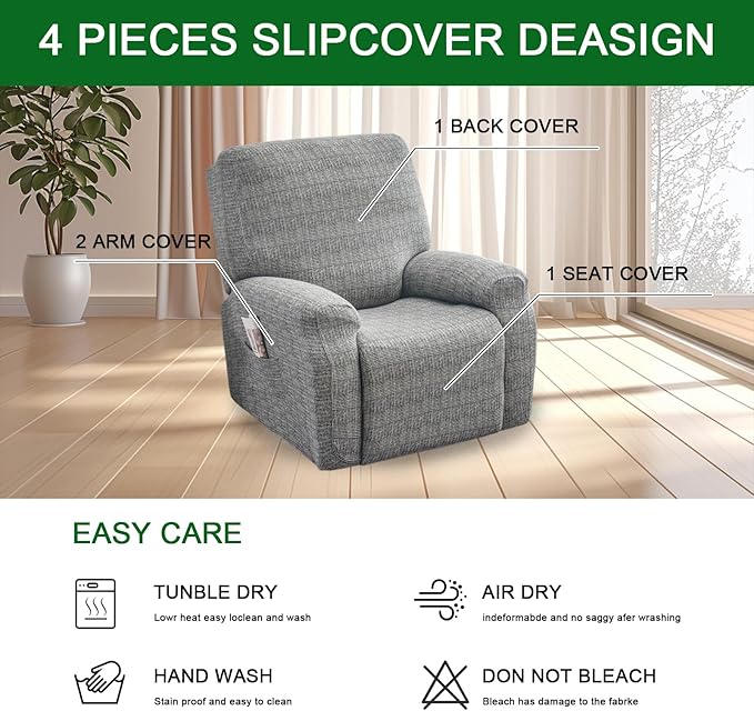 FUANGUI Recliner Chair Cover 4-Pieces Lazyboy Cover for Recliner Chair with Storage Pockets Furniture Protector for Living Room, Jacquard Sofa Slipcover for Kids, Pets, Dog and Cat, 02