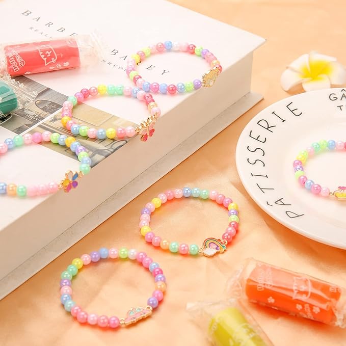 20 Pcs Colorful Unicorn Bracelet Girls Rainbow Unicorn Heart Beaded Bracelet Stretchy Costume Jewelry Set Party Favors Gifts Friendship Bracelets for Kids Little Girls (Bead Style)