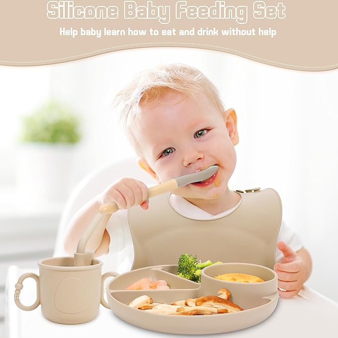 Silicone Baby Feeding Set, Baby Led Weaning Supplies, Silicone Suction Plate, Bowl, Spoons, Fork, Waterproof Bib, Cup and Food Tableware, Eating Utensils Baby Feeding Essentials for 3+ Months