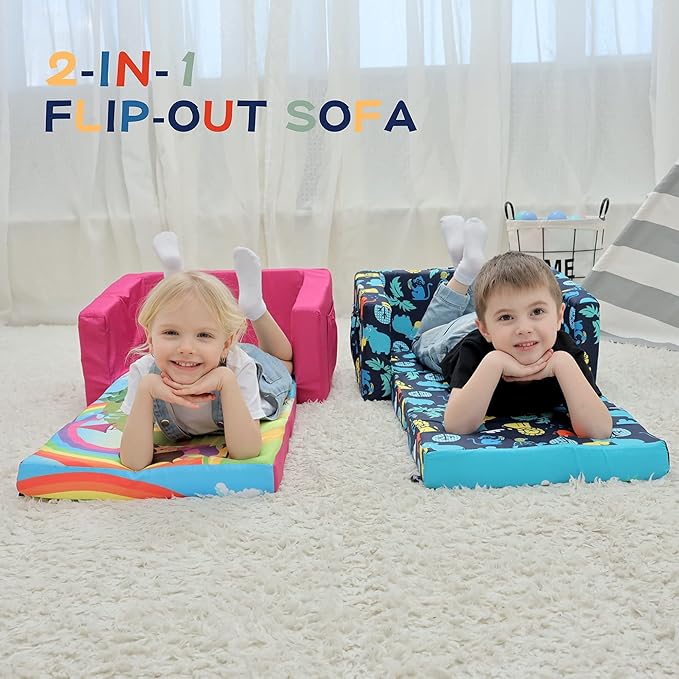 MallBest Kids Sofas Children's Sofa Bed Baby's Upholstered Couch Sleepover Chair Flipout Open Recliner(Rose red/Castle)