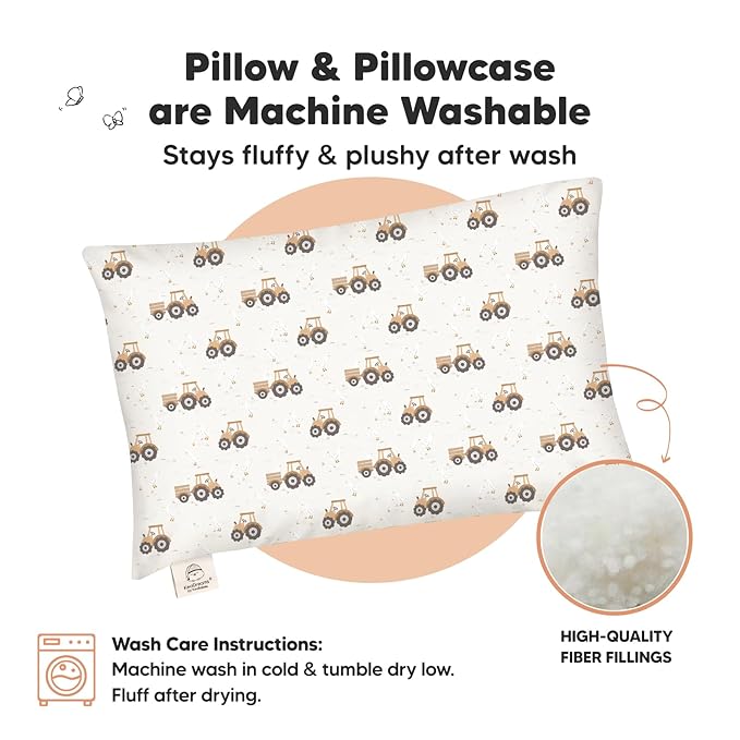 Toddler Pillow with Pillowcase - 13x18 My Little Dreamy Pillow, Organic Cotton Toddler Pillows for Sleeping, Kids Pillow, Travel Pillows, Mini Pillow, Nursery Pillow, Toddler Bed Pillow (Tractor)