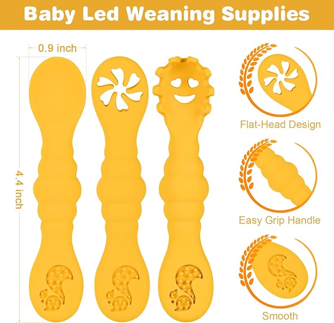 Silicone Baby Spoons Self Feeding 6+ Months 3PCS Toddler Forks and Spoons Utensils Baby Led Weaning Teething Spoon Infant Spoons First Stage Newborn Baby Essentials Baby Gifts Yellow