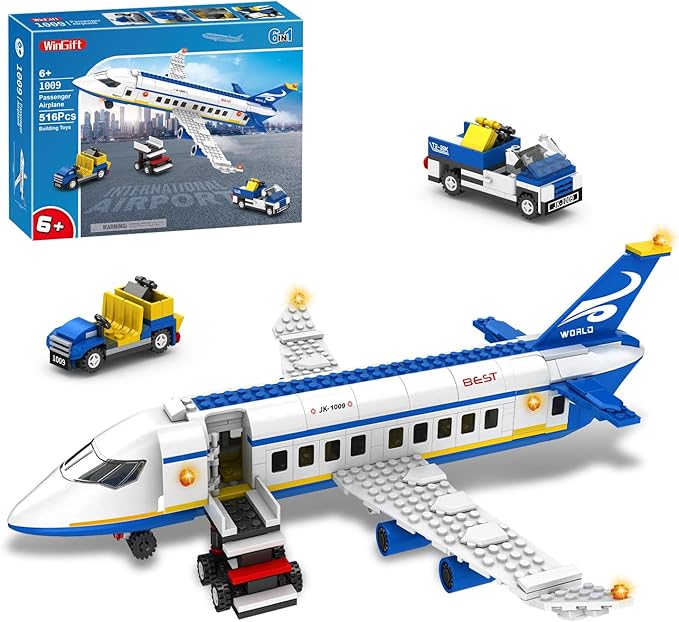 516 Pcs City Passenger Airplane Building Set, 6 IN1 Plane Building Blocks Toys, STEM Aircraft Bricks with Shuttle Bus, Baggage Truck,Airplanes Model Toys Gifts for Adults Boys Girls Age 6-12+