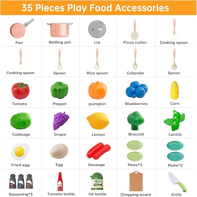 35Pcs Kids Kitchen Toy Accessories, Toddler Pretend Cooking Playset with Play Pots and Pans, Utensils Cookware Toys, Play Food Set, Toy Vegetables, Learning Gift for Girls Boys (Pink)