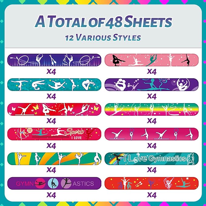 48PCS Gymnastics Slap Bracelets Party Favors, Gymnastics Wristbands Bracelets Goodie Bag Fillers for Gymnastics Birthday Decorations Supplies for Class School Prizes Gift for Kids Boys Girls Carnival