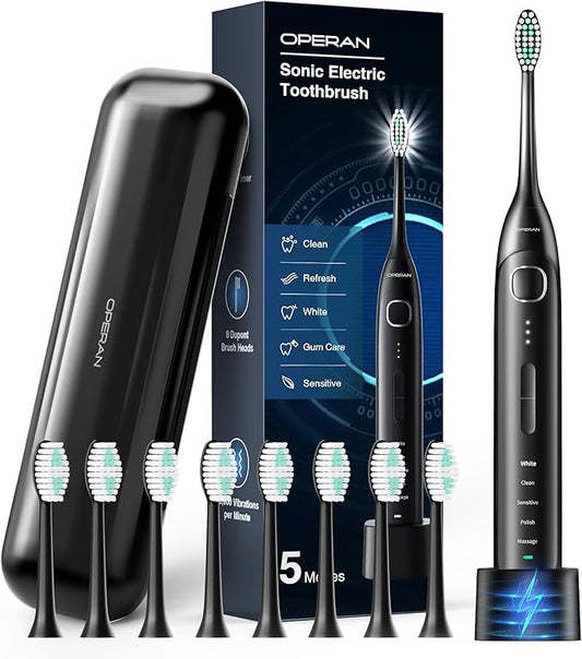 Operan Electric Toothbrush for Adults and Kids Rechargeable Sonic Toothbrush with 5 Modes 2-Min Smart Timer IPX7 Waterproof 40,000 VPM Motor with 8 Brush Heads & Travel Case (Black)