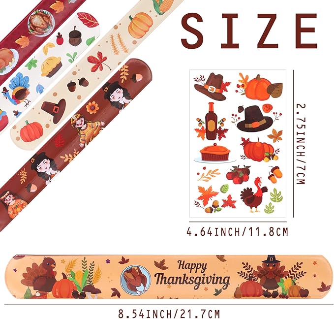 40PCs Thanksgiving Slap Bracelets for Kids with Thanksgiving Tattoo, Turkey Pumpkin Autumn Maple Leaf Snap Band for Fall Party Favors Decor