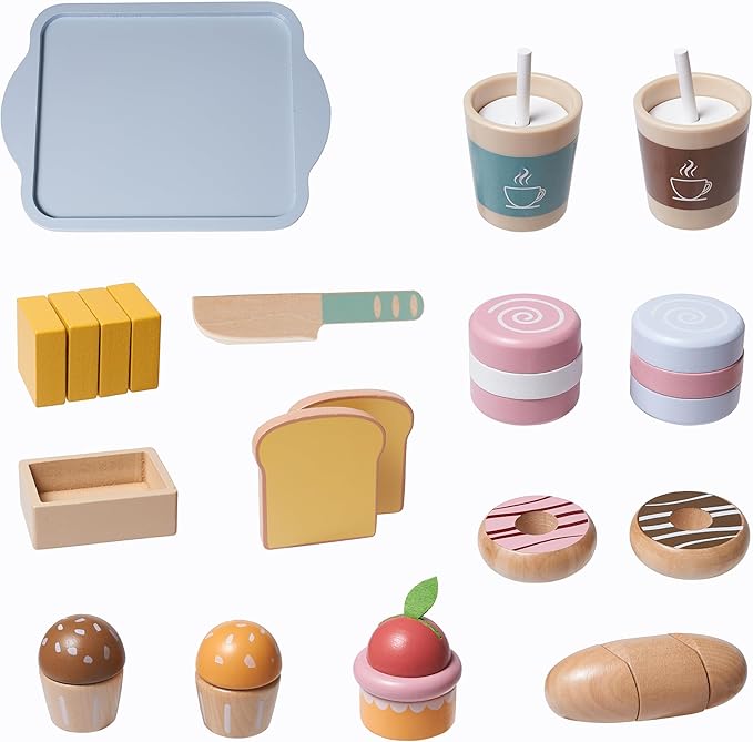 21pcs Wooden Breakfast Set Kids Pretend Play Toy Kitchen Accessories, Toddler Kitchen Playset with Coffee, Dessert, Cutting Bread, Butter, Wooden Toy Food Set Boys & Girls Birthday Gift