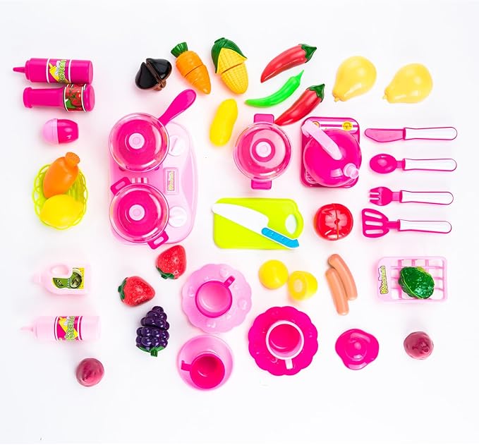 Kimicare 58 Piece Kitchen Cooking Set Girls Boys Fruit Vegetable Tea Playset Toy for Kids Early Age Development Educational Pretend Play Food Assortment Set