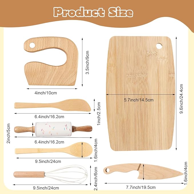 Kids Knife Set for Real Cooking, 8 PCs Kids Cooking Sets for Little Chef, Nature Wood Utensil