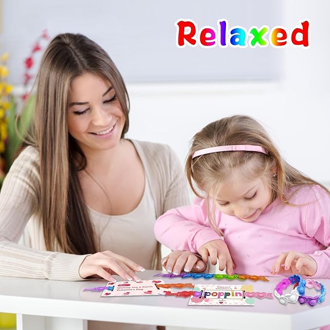 30 Pcs Valentine's Day Pop Bracelets Toys with Cards Heart Pop Bracelets Bubble for Kids School Classroom Prizes, Valentine's School Class Exchange Cards and Kids Party Favors