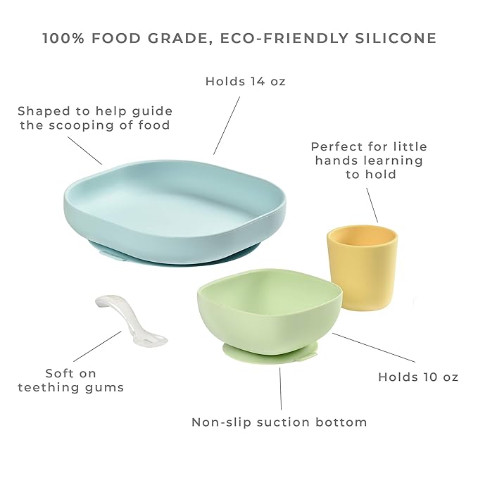 BEABA Silicone 4 Piece Baby Feeding Set, Suction Plates for Baby, Includes Plate, Bowl, Cup, 2nd Stage Silicone Spoon, High Grade Food Safe Silicone, Pastels