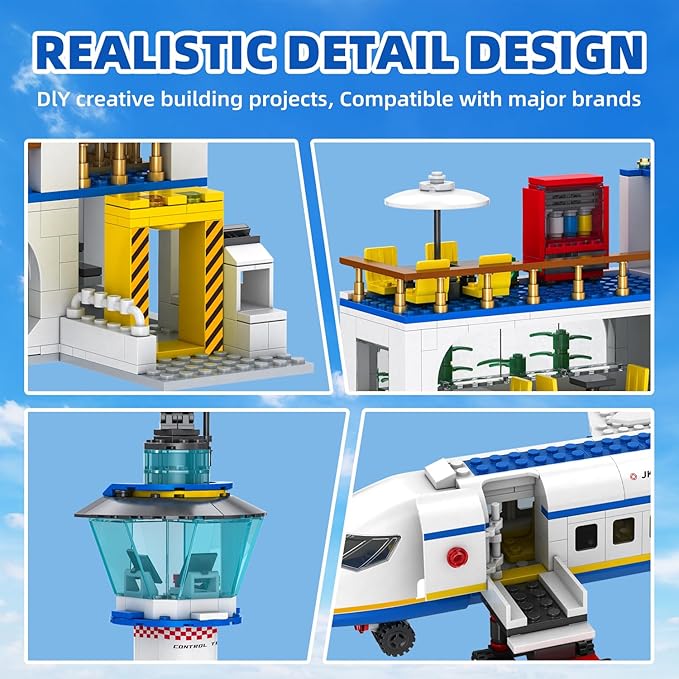 886 Pcs City Airport Passenger Terminal Building Set, 6 IN 1 Airplane Building Blocks Toy, STEM Aircraft Bricks with Shuttle Bus,Luggage Cart,Planes Model Toys Gifts for Adults Boys Ages 6-12+