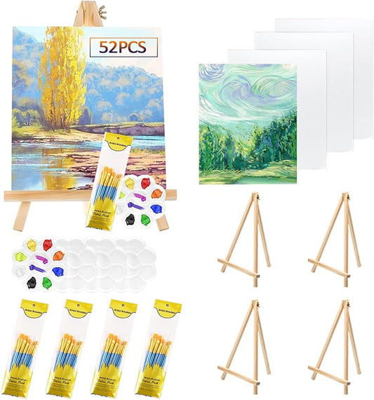 52 Pcs Art Painting Kit Supplies Set for Kids to Party - 4 Packs of 40 Brushes, 4 Wood Easels(8 * 12in), 4 Canvas Panels(8 * 10in) & 4 Palettes(5in), No Paint