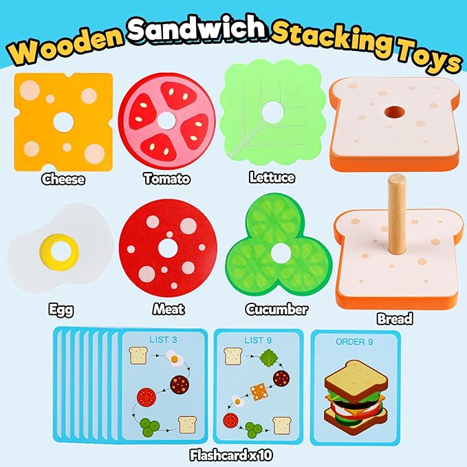 kizh Wooden Sandwich Sorting Stacking Toys Play Food Set for Toddlers Preschool Educational Montessori Toys Fine Motor Toys for Kids Boys Girls