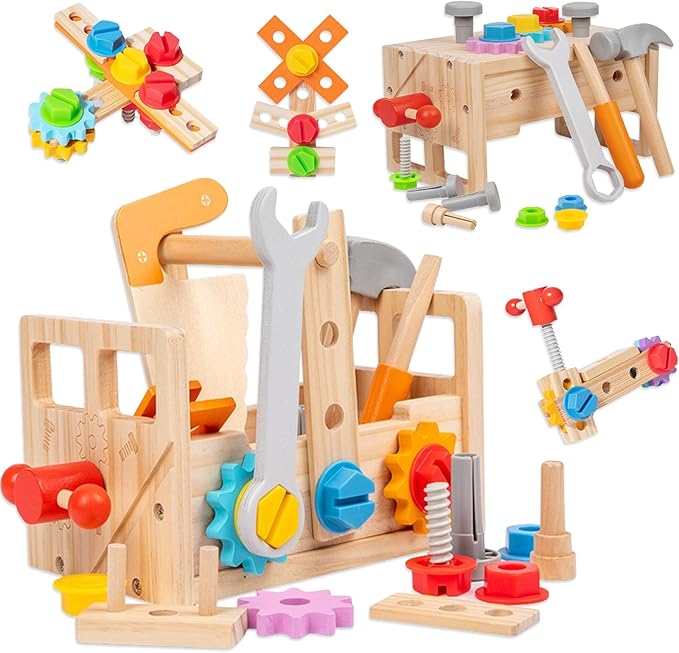 HOMEE Wooden Kids Tool Set, 25 Pcs Toddler Tool Kits, Tool Toys Box, Tool Set for Kids, Montessori STEM Educational Tools Toys, Pretend Play Construction Toys for 3 4 5 Years Kids Boys and Girls
