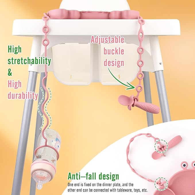 Silicone Baby Feeding Set, 8-Piece Baby Led Weaning Supplies Included Toddler Suction Plate, Bowl, Cup, 3 Spoons & 2 Safety Straps Keep Spoon, Fork & Bottle Off The Floor for Self-Feeding (Rose)