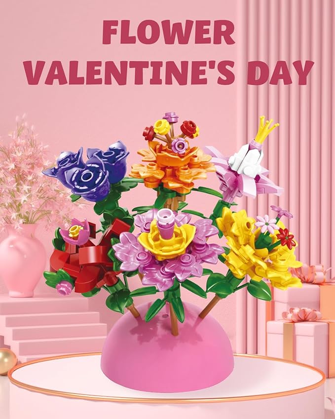 24 Pack Valentine's Flower Bouquets Building Blocks - Ideal for Kids Classroom Exchange, Party Favors, and School Gifts, includes Greeting Cards & Variety Designs for Boys and Girls