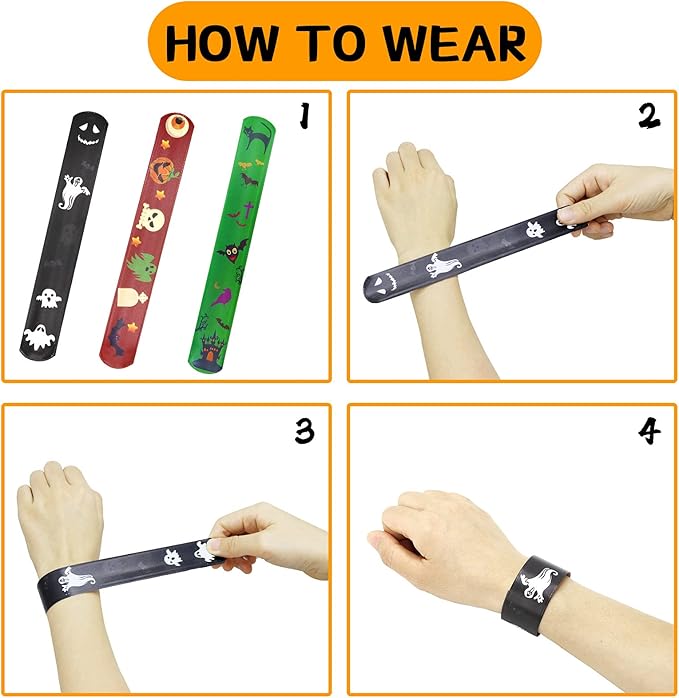 48 PCS Halloween Slap Bracelets for kids bulk, Halloween Snap Bracelets Toys Slap Bracelets Wristbands for Happy Halloween Party Favors