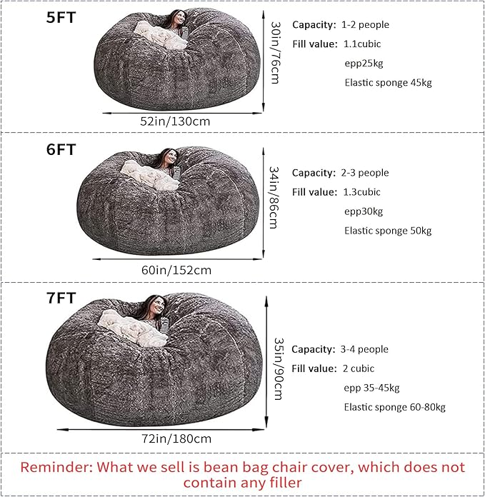 Giant Fur Bean Bag Chair Cover for Kids Adults, (No Filler) Living Room Furniture Big Round Soft Fluffy Faux Fur Beanbag Lazy Sofa Bed Cover (Yellow, 7FT)