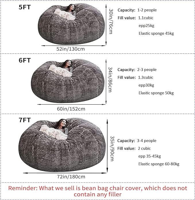Giant Fur Bean Bag Chair Cover for Kids Adults, (No Filler) Living Room Furniture Big Round Soft Fluffy Faux Fur Beanbag Lazy Sofa Bed Cover (Sky Blue, 6FT)