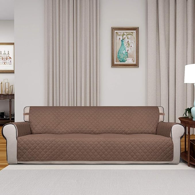 PureFit Reversible Quilted Sofa Cover, Water Resistant Slipcover Furniture Protector, Washable Couch Cover with Non Slip and Elastic Straps for Kids, Dogs, Pets (XX Large, Brown/Beige)