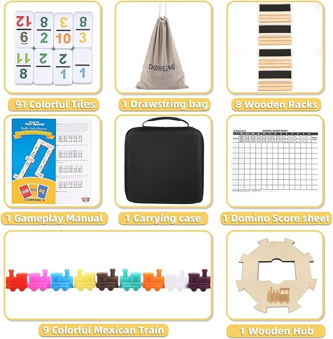 Mexican Train Dominoes Set with Numbers and 8 Wooden Racks,Double 12 Dominos Set for Kids, Adults Travel Domino Train Set with 91 Colored Tiles and Upgrated Hub, Classic Board Games for Family Night