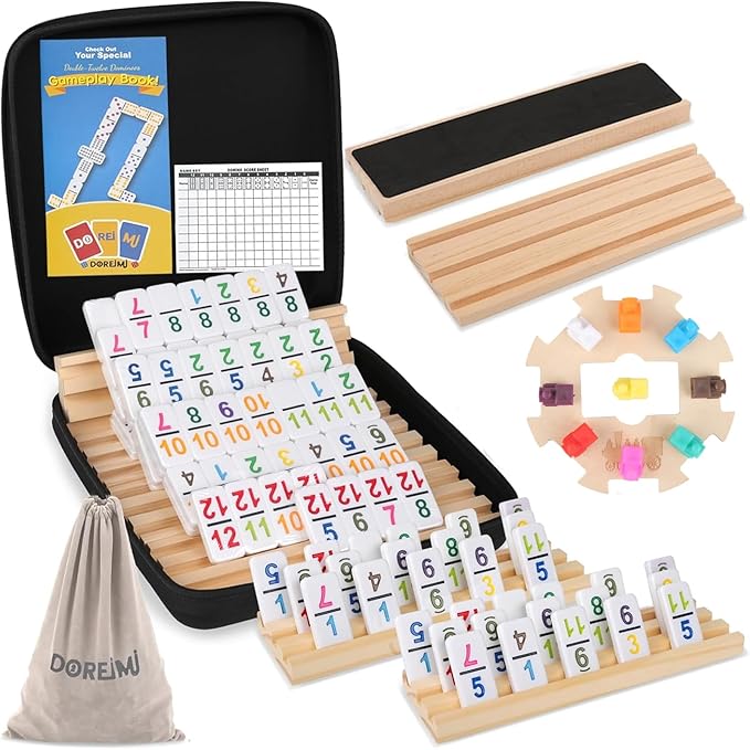 Mexican Train Dominoes Set with Numbers and 8 Wooden Racks,Double 12 Dominos Set for Kids, Adults Travel Domino Train Set with 91 Colored Tiles and Upgrated Hub, Classic Board Games for Family Night