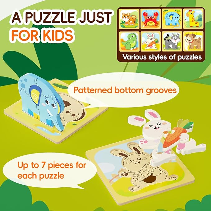 Puzzles, 8Pcs Animals Jigsaw Puzzles Toddler Toys, Brain Teaser Puzzles Montessori Toys, Wooden Puzzle Games, Educational Puzzles STEM Toys for 3+ Year Old Kids, for Kids
