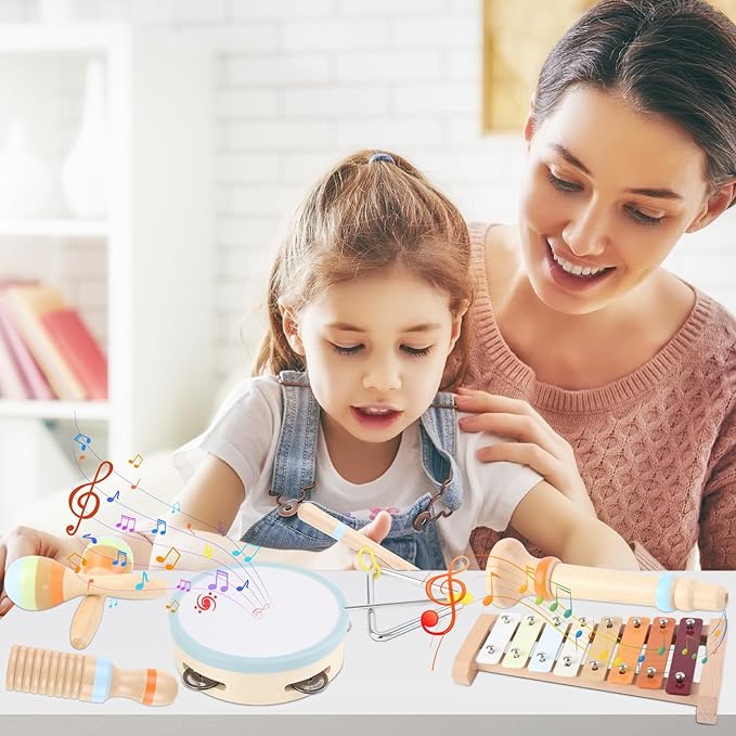 Musical Instruments for Toddlers - Eco-Friendly Wooden Percussion Set with Xylophone, Tambourine, and Maracas in Neutral Colors - Montessori Toys for Perfect Educational Gift for Kids