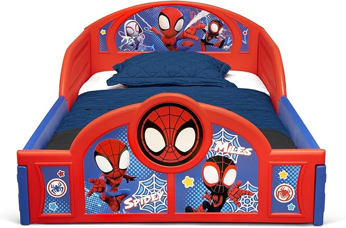 Delta Children - Marvel Spidey and His Amazing Friends 4-Piece Toddler Room-in-a-Box Set – Includes Sleep and Play Toddler Bed, Table, 1 Chair and Fabric Toy Box, Blue/Red