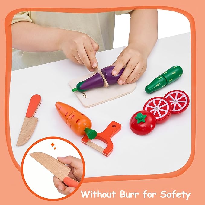 Wooden Play Food Sets for Kids Kitchen Accessories, Realistic Wood Cutting Fruits and Vegetables Toys for 3- Year Old Toddlers, Mini Pretend Play Gifts for 3 -6 Years Girls Boys