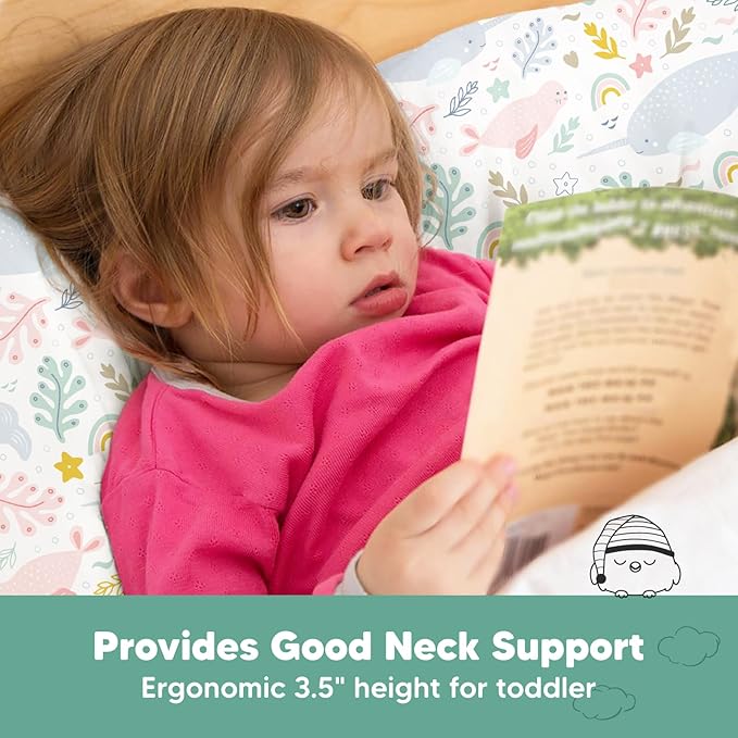 Toddler Pillow with Pillowcase - 13x18 My Little Dreamy Pillow, Organic Cotton Toddler Pillows for Sleeping, Kids Pillow, Travel Pillows, Mini Pillow, Nursery Pillow, Toddler Bed Pillow (Narwhal)