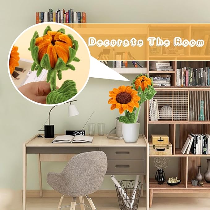 430PCS Pipe Cleaners Chenille Stem Craft Flower Supplies, Pipe Cleaner Flowers Crafts, Pipe Cleaner Sunflowers Kit with Instructions, 3 Colors Pipe Cleaners Set for DIY Art Craft Decorations-5 flowers