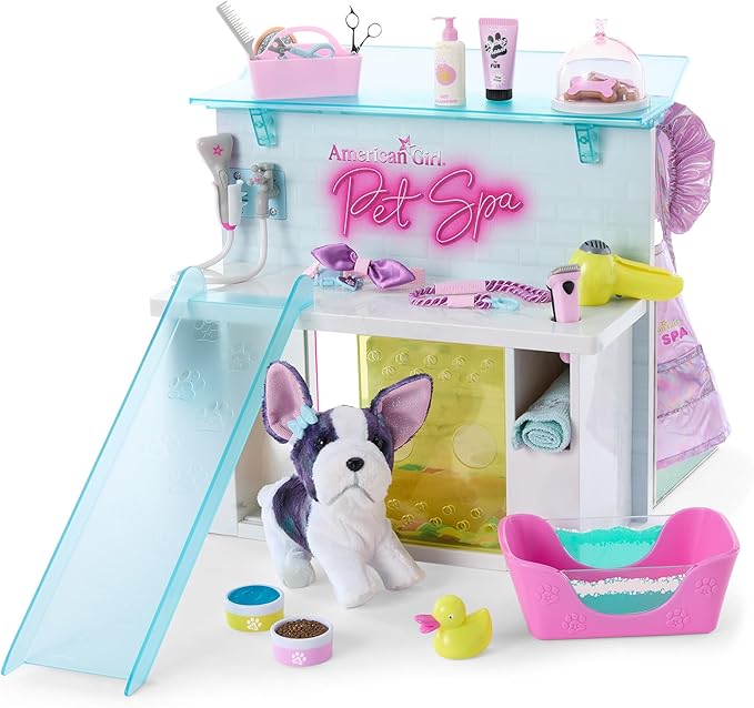 American Girl Truly Me 18-inch Doll Pet Spa & Daycare Set with Bulldog and Pretend Hair Dryer, for Ages 6+