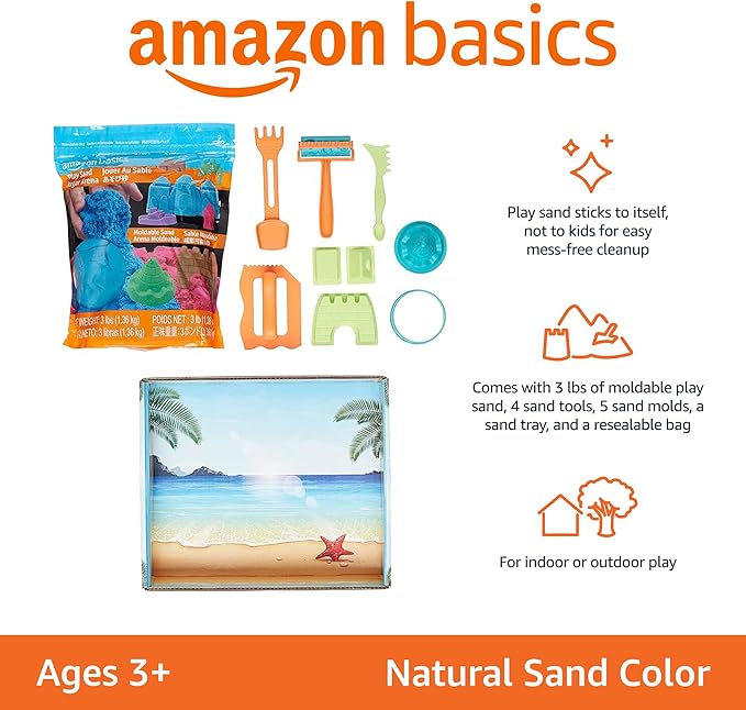 Amazon Basics 3lbs Moldable Sensory Play Sand with Castle Molds and Tool Set, for Kids Ages 3 and Up, Medium, Natural Sand, 11 Count (Pack of 1)