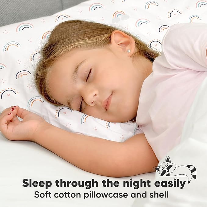 Toddler Pillow with Pillowcase - 13x18 My Little Dreamy Pillow, Organic Cotton Toddler Pillows for Sleeping, Kids Pillow, Travel Pillows,Mini Pillow,Nursery Pillow,Toddler Bed Pillow (Jolly Rainbow)