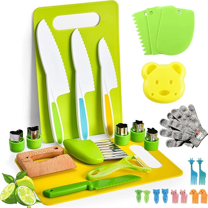 29PCS Kitchen Tools for Toddlers Kids Cooking Sets Safe Knife Set for Real Cooking Include Toddler Knives Cutting Board Bear Sandwich Cutter Fruit Crinkle Cutter Peeler Gloves Fruit Forks for Birthday