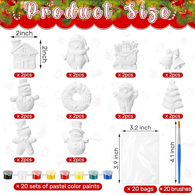 20 Set Christmas DIY Painting Kit Ceramic to Paint Your Own Snowman Santa Xmas Tree Penguin Statues Unpainted Plaster Figurines Brushes Acrylic Paints Bags Party Favor for Kids Adults
