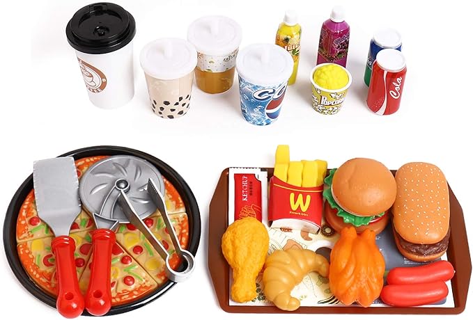 Kids Food cart Toy Sets,Kids Role Play Large Dining car Toys and 98pcs Food, Kitchen, Tableware Accessories., Educational Toys for 3+ Years Boys/Gir