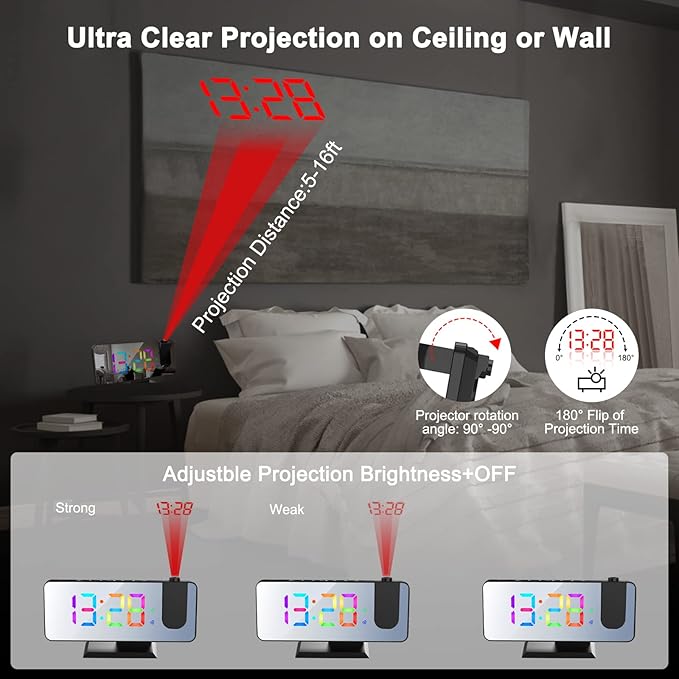 Projection Alarm Clock for Bedroom Ceiling,11 Colors RGB Digital Clock Large Display, 7.3'' Large Mirror Screen with Dual Alarm,5 Auto Dimmer,12/24H, Snooze,180°Projector on Ceiling