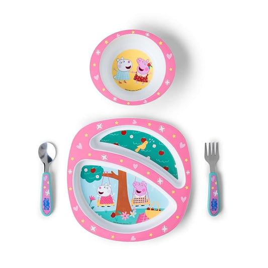 The First Years Peppa Pig Toddler Dinnerware Set - Includes Toddler Plate, Divided Bowl, and Toddler Utensils - Dishwasher Safe Toddler Feeding Supplies Made Without BPA - 4 Count