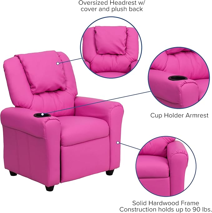 Flash Furniture Vana Vinyl Kids Recliner with Cup Holder, Headrest, and Safety Recline, Contemporary Reclining Chair for Kids, Supports up to 90 lbs., Hot Pink
