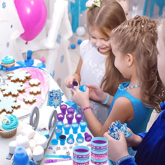 67 Pcs Frozen Party Favors Set, Winter Wonderland Birthday Supplies Party Favors Christmas Gifts for Girls Kids, Snow Theme Gift Set with Pens, Snowflake Gift Bag, Stamps Sticker for Gift